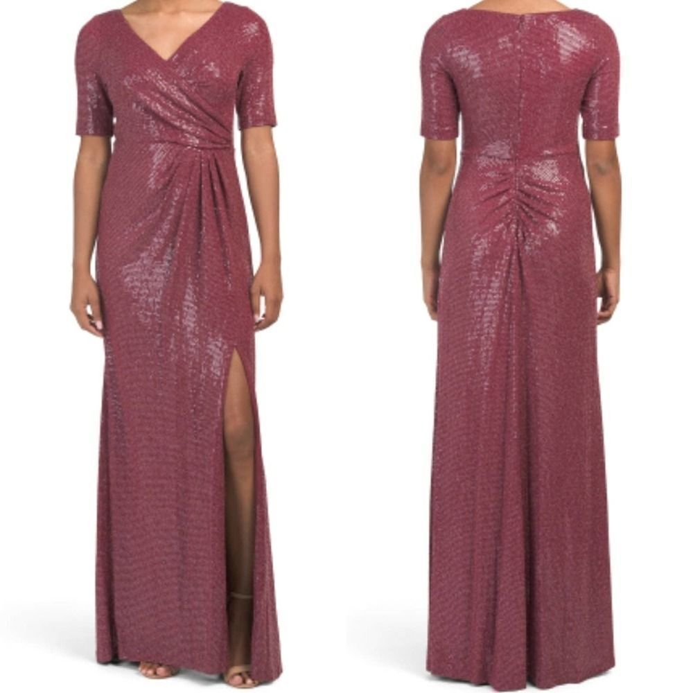 Adrianna Papell Burgundy Sequined Knit Draped Gown